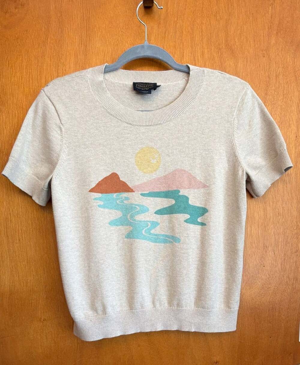 Pendleton Coastal Sunset Sweater Size M Beige Knit Short Sleeve Scenic